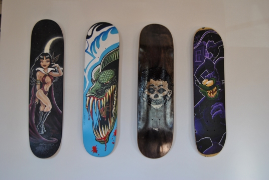 Custom painted Skate decks by Matt Lorentz, JR Johnson, Richie Griswold, and James McLeod