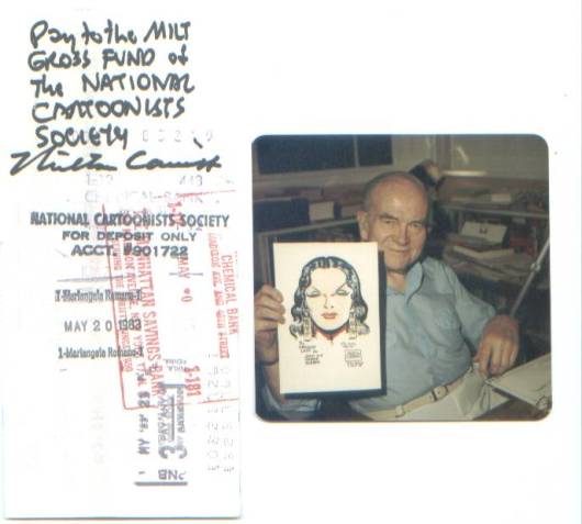 Milton Caniff holding Charlie Roberts' Dragon Lady drawing and Charlie's endorsed check to Milt (photo courtesy of Charlie Roberts)