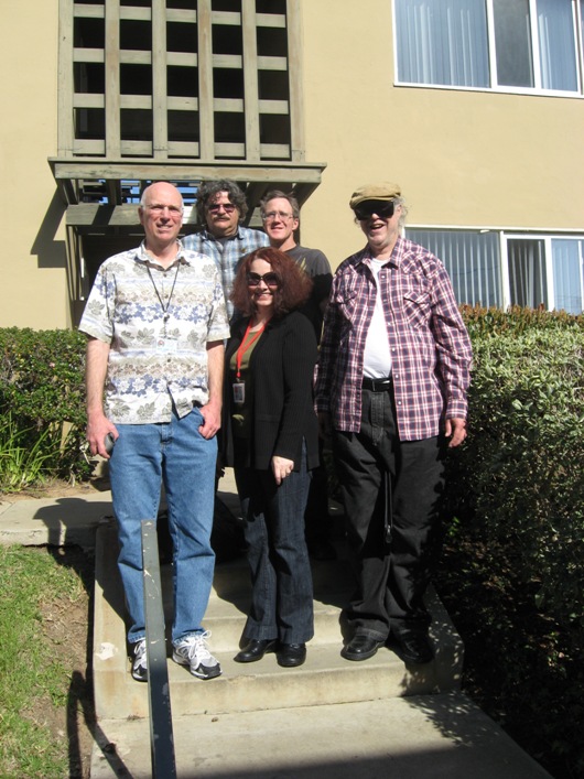 At Comic-Con's birthplace: in back, left to right are Greg Koudoulian and Clayton Moore; in front, left to right are Mike Towry, Wendy All, and Richard Alf.