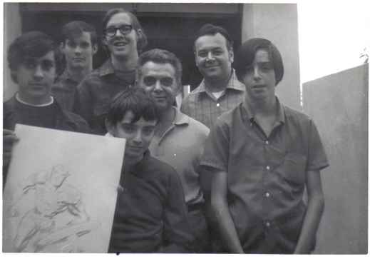 From left to right: Dan Stewart, Bob Sourk, Richard Alf (the tall guy with glasses),  Barry Alfonso (in front), Jack King Kirby, Shel Dorf, and Wayne Kincaid. Picture taken on November 9, 1969 at the Kirby-family home in Irvine, California.