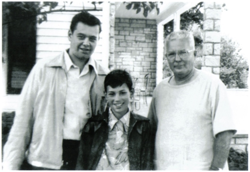 Left to Right: Shel Dorf, Michael Dorf, and Chester Gould outside the Gould farmhouse in 1949.