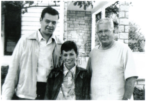 Shel Dorf, Michael Dorf, and Chester Gould outside the Gould farmhouse in 1949. Left to Right: Shel Dorf, Michael Dorf, and Chester Gould outside the Gould farmhouse in 1949.