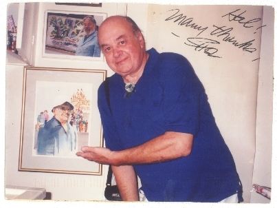 Postcard image of Shel Dorf in front of his watercolor portrait painted by Hal Scroggy.