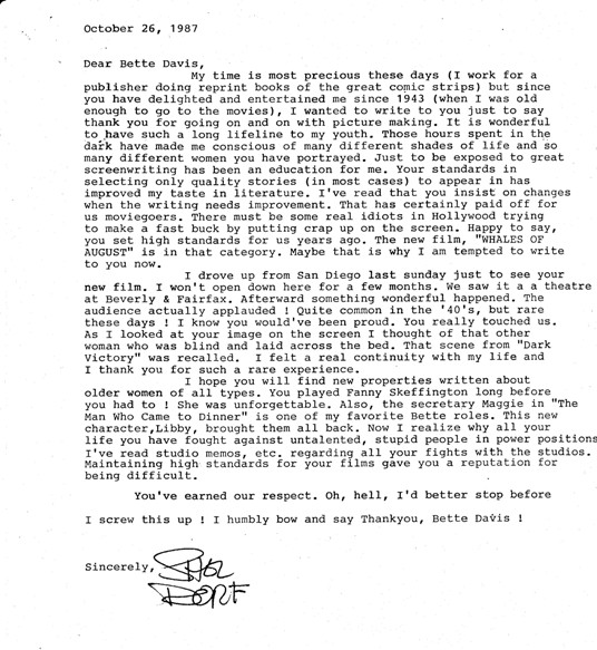 Shel's letter to Bette Davis.
