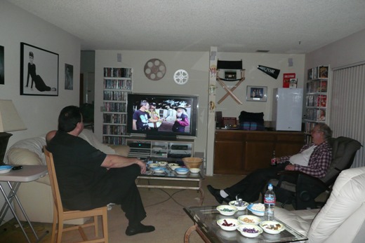 Anthony Keith (left) and Richard Alf watch video of Clayton Moore, William Clausen, and George Clayton Johnson reminiscing about Shel. (Photo courtesy of Wendy All.)