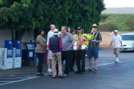 Waiting outside Perry’s, from left to right: Mike Rossi's friend Raquel Lomeli, Mike Towry, George Clayton Johnson, Mike Rossi, Greg Koudoulian, William Clausen, Richard Alf, and a random stranger. (Clayton Moore took the picture.)